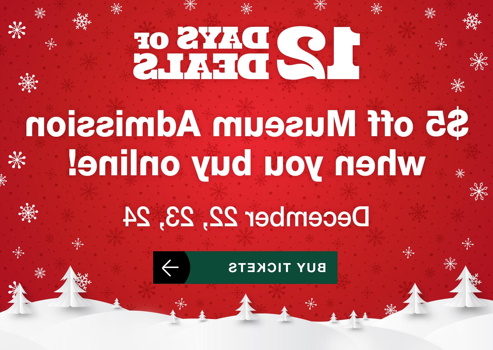 12天优惠! 网上购买博物馆门票可减免5美元! 12月22日，23日，24日. 买票.
